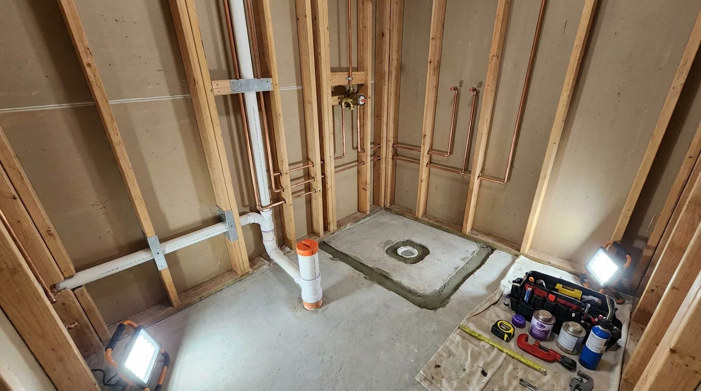 Bathroom rough-in plumbing during remodel by Johns Plumbing LLC in Maud