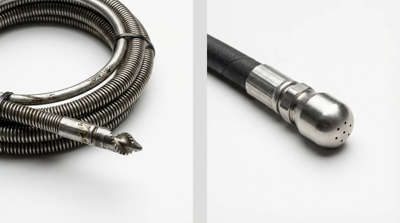 Drain snake cable and hydro jetting nozzle used for drain cleaning in Maud, OK