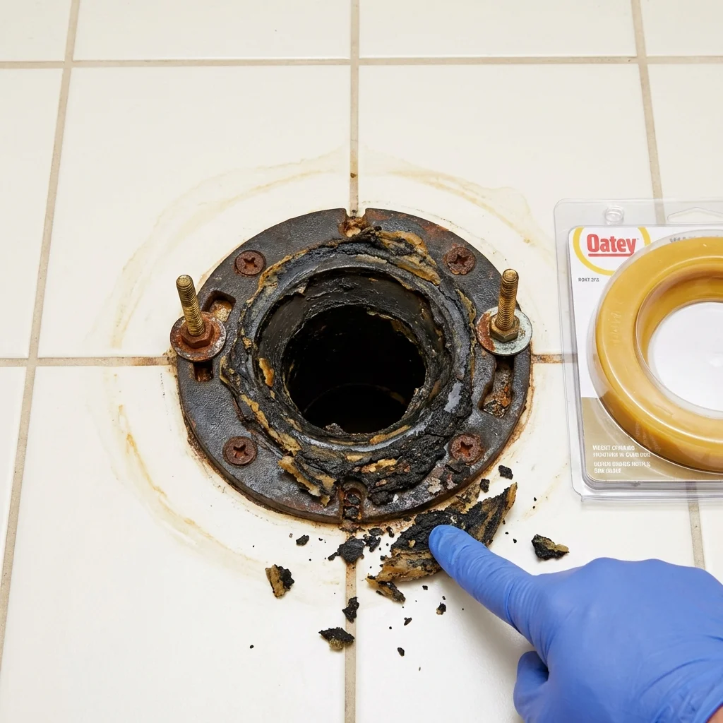 Failed wax ring showing water seepage at the base of a toilet in a Maud, OK home