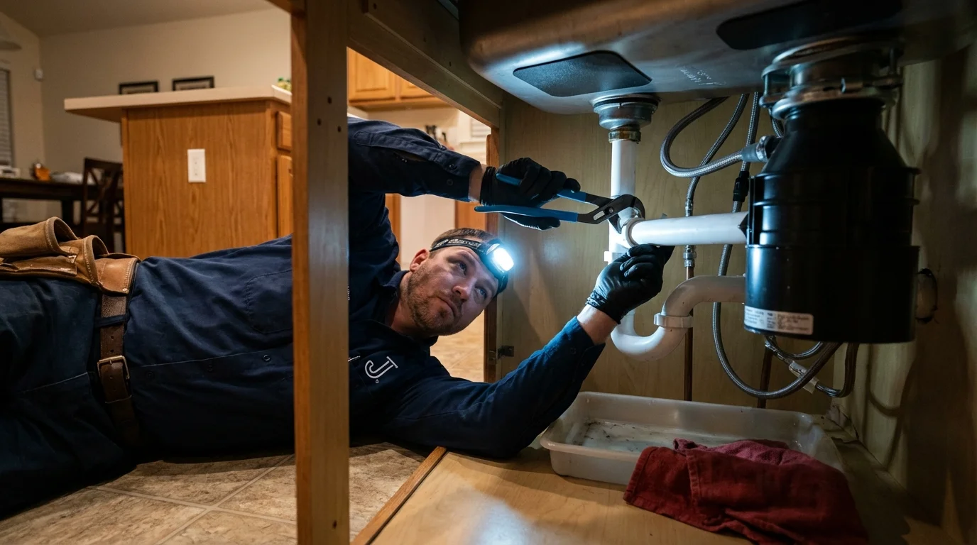 P-trap and supply line connections under a kitchen sink showing a common leak point in Maud, OK
